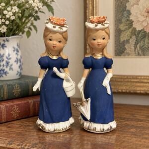Vintage Tilso Japan Twin Girl Figurines Set Blue Dress Umbrella Purse 8” MCM